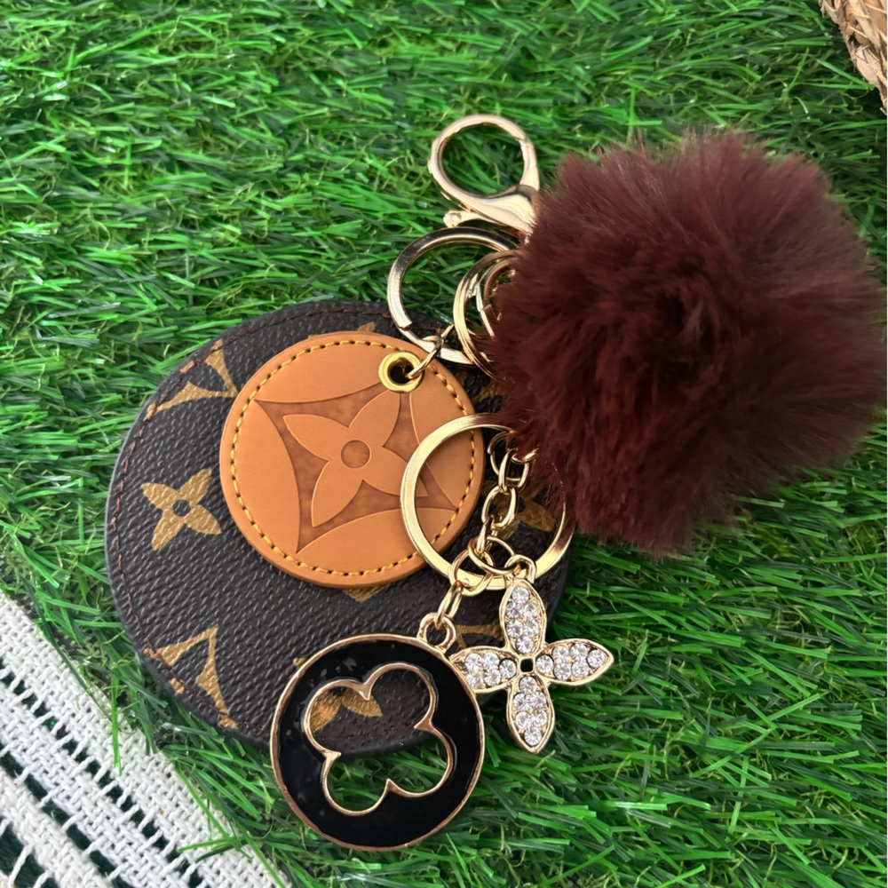 Monogram-Pattern Brown Pom-Pom Keychain - image 3